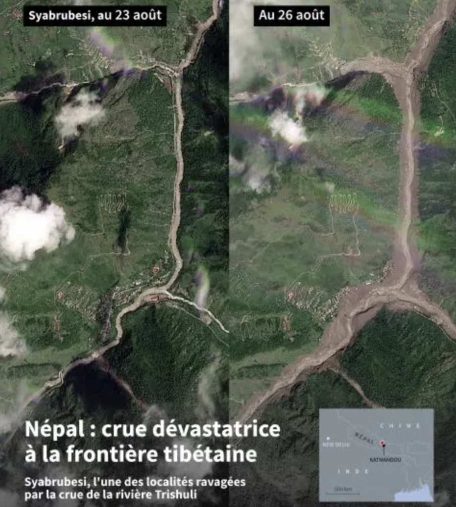 satellite avantaprès montrant l’effondrement glaciaire et la zone recouverte de débris